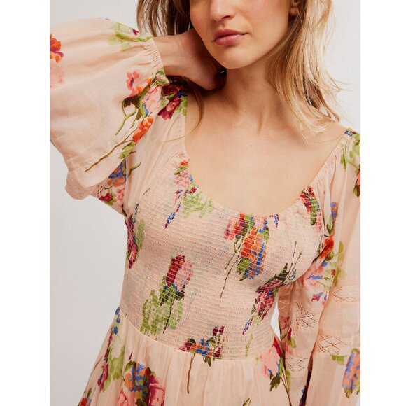 Free People Floral Maxi Dress -  Pale Peach and Green Size XL - Picture 4 of 12